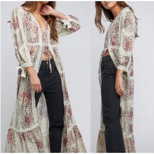 Free People Grasslands Kimono Lace Floral Mint Pink XS/S Romantic Maxi Boho Robe